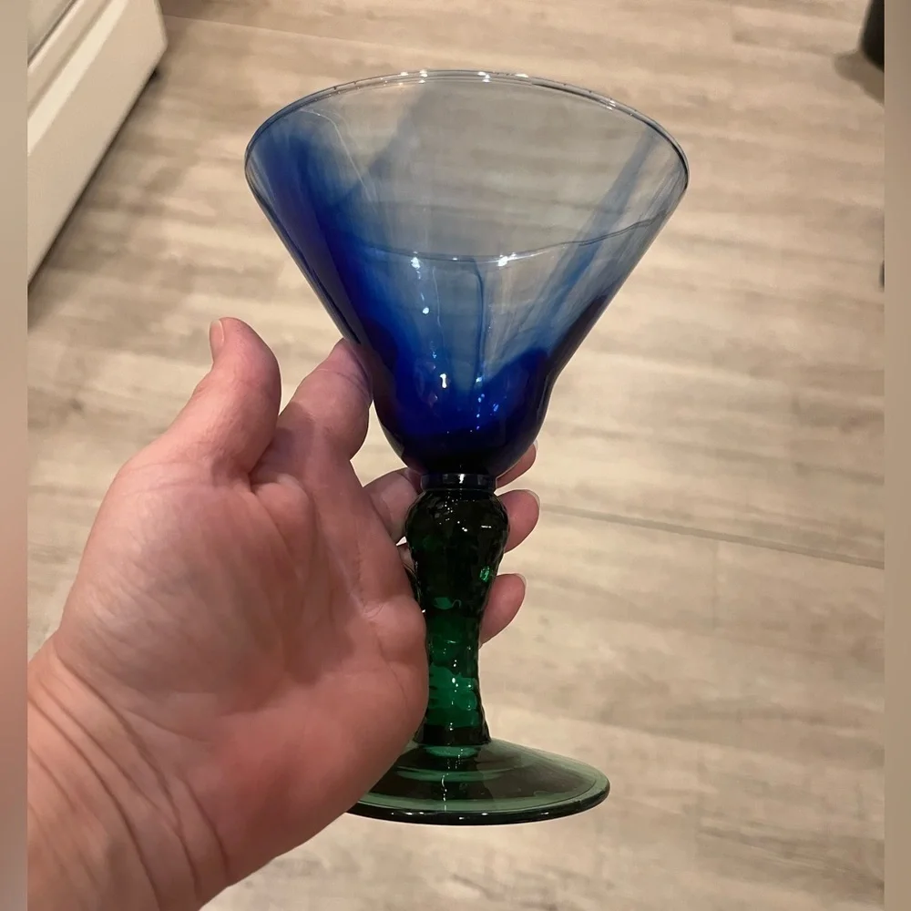 Vintage Libbey Marbleique Blue Swirl and Green Martini Glasses Set of 2